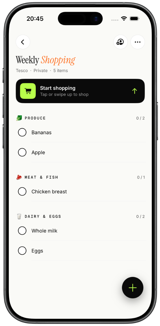 Ticklyst app showing a Weekly Shopping list for Tesco — items auto-sorted into Produce, Meat & Fish, and Dairy & Eggs aisles