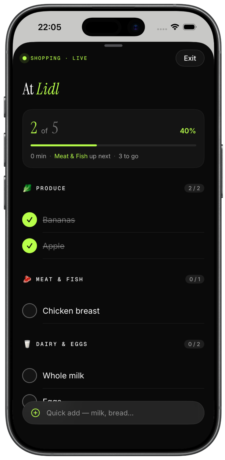 Ticklyst Shopping Mode — full-screen, aisle-ordered list with big checkboxes and progress indicator